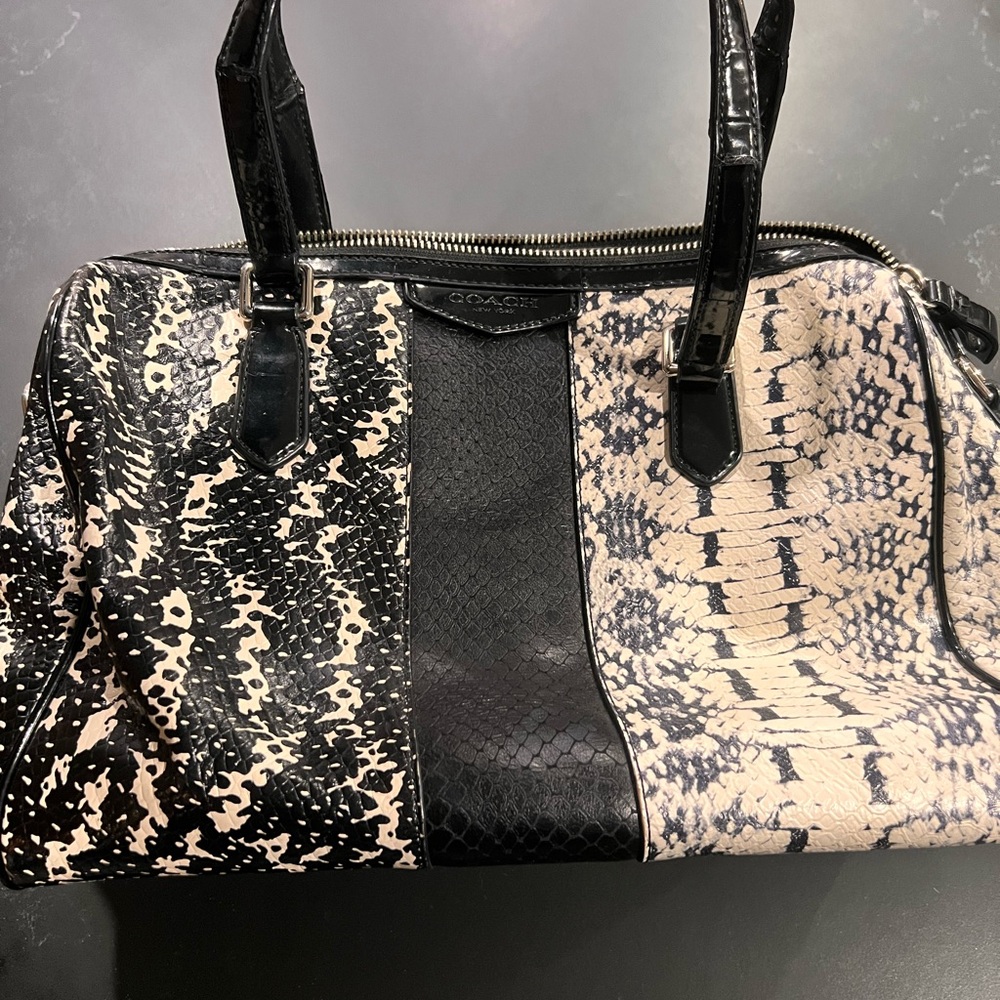 Coach Nancy Satchel Snakeskin Embossed Leather Black & White Tote Bag